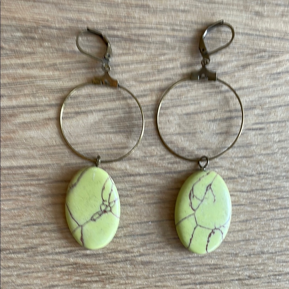 HAND CRAFTED PIERCED HOOP EARRINGS Green Brown Antiqued Brass Dangles Drops Hoop - Picture 8 of 14